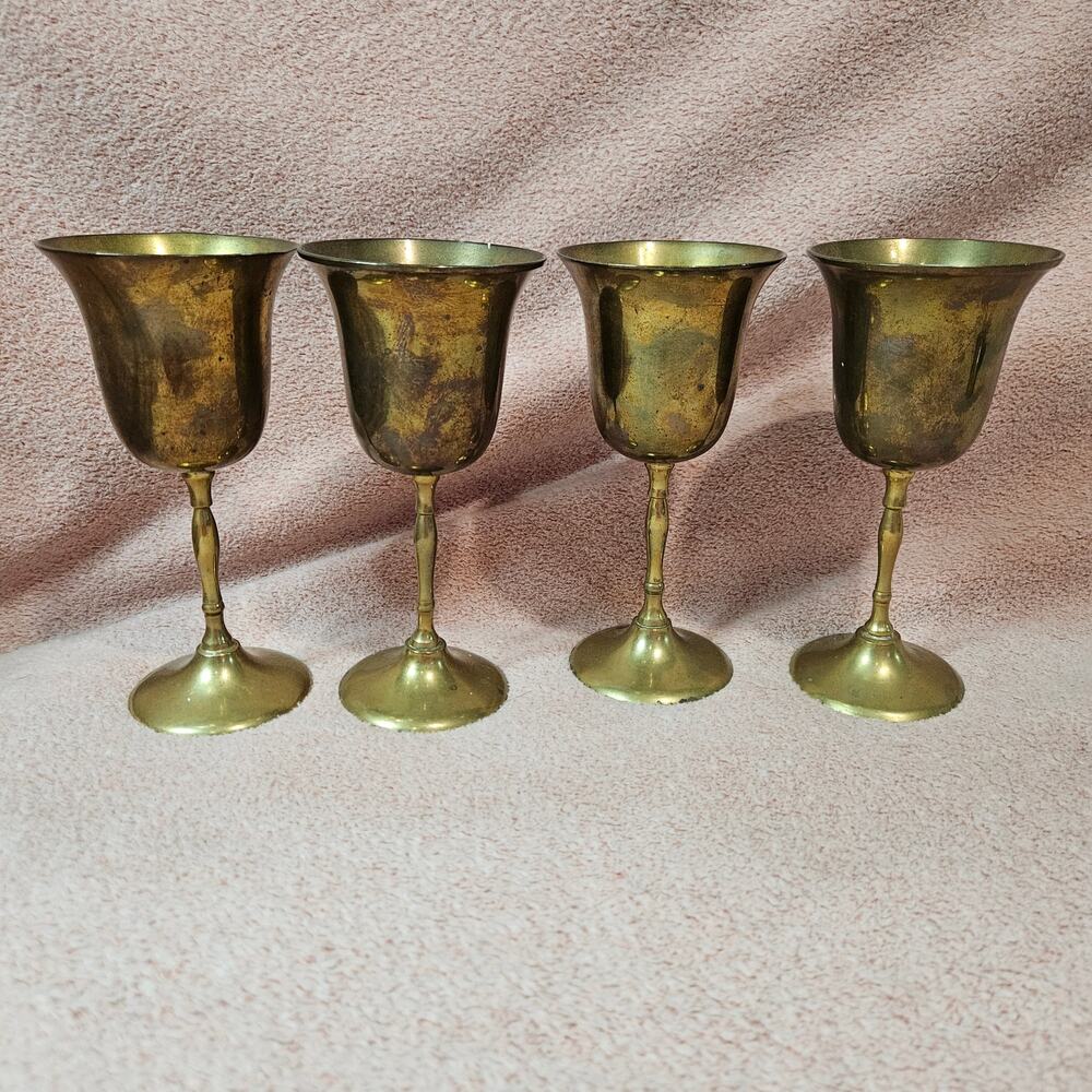 Set of 4 Vintage Solid Brass Wine Goblet Chalices- Made in India